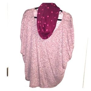 Purple round-hem knit top AND polka dot scarf